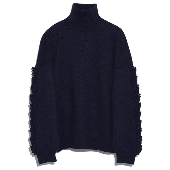 Barrie of Scotland Cashmere Textured Sleeves Detail Turtleneck Sweater - Navy - Picture 2 of 16